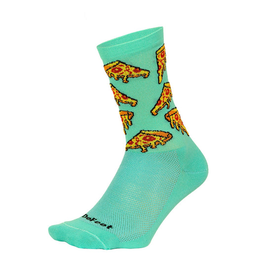 light green DeFeet cycling sock covered in pepperoni pizza slices
