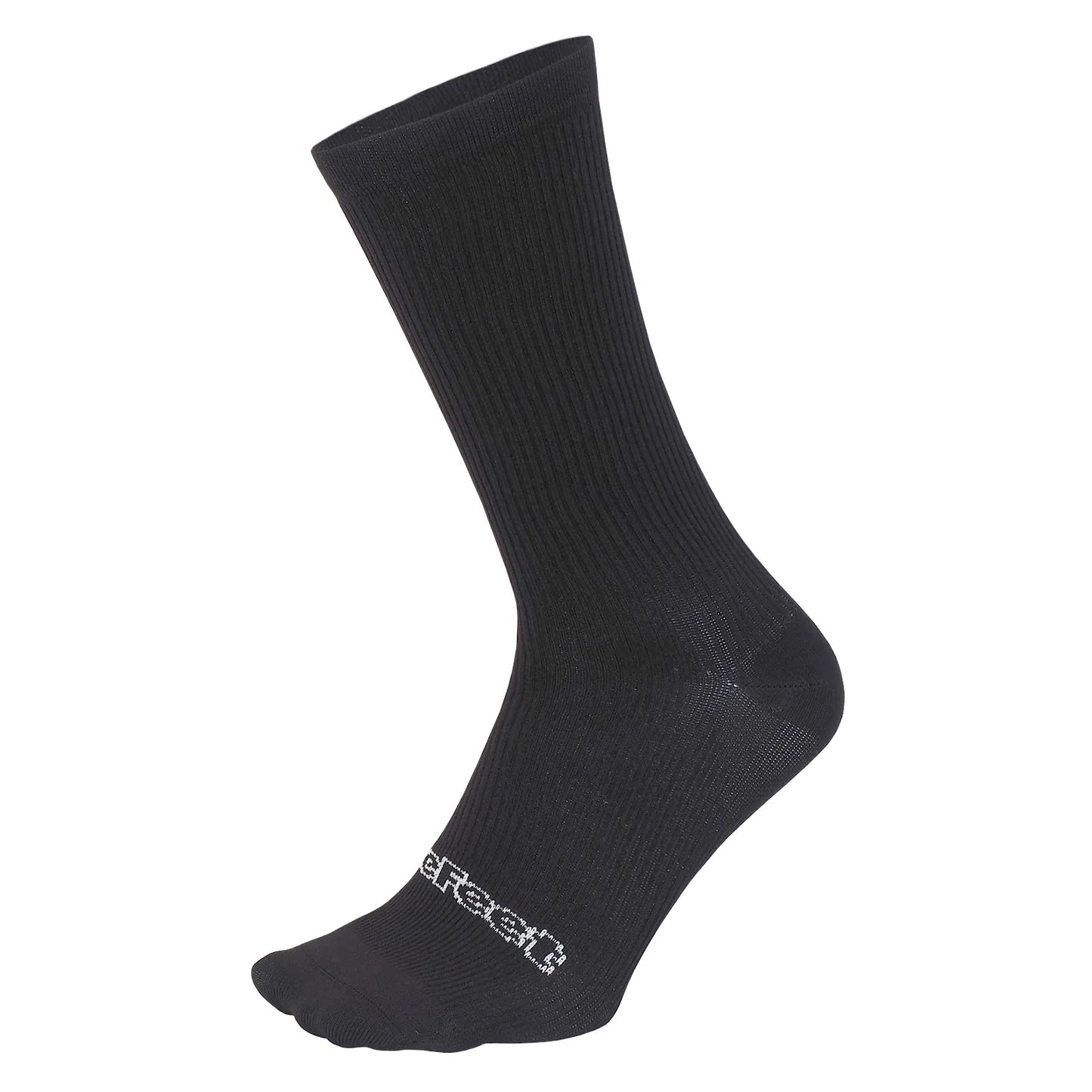 A single black DeFeet cycling sock with a ribbed cuff and foot