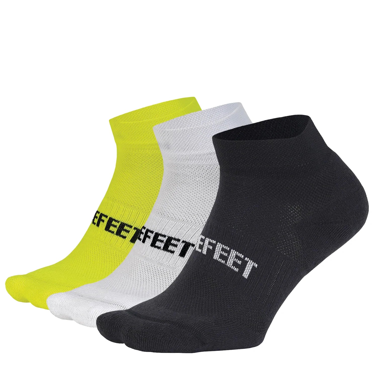 three socks with 1" short low cuffs in black, white, and hi-vis yellow