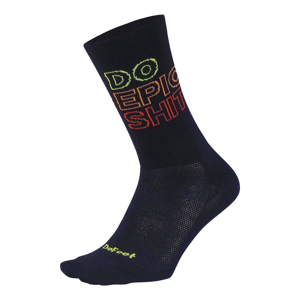 DeFeet Aireator 6” double cuff cycling sock in black with “Do Epic Shit” on cuff in neon yellow, pumpkin orange, and poinciana red.