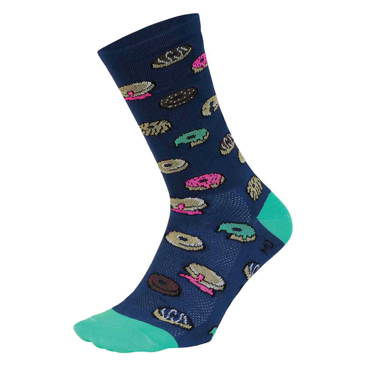 DeFeet Aireator 6” Doughnut cycling sock in light navy with doughnuts on cuff and celeste green heel and toe.