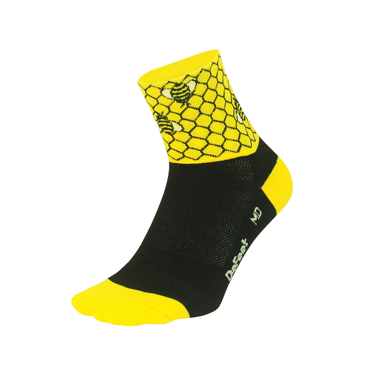 Aireator 3" cuff cycling sock in black with yellow heel, toe, and cuff. Honeycomb design on cuff with bees.