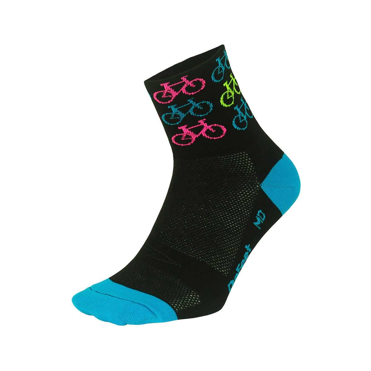 Aireator 3" cuff cycling sock in black with blue heel & toe with repeating bike pattern in neon colors on cuff