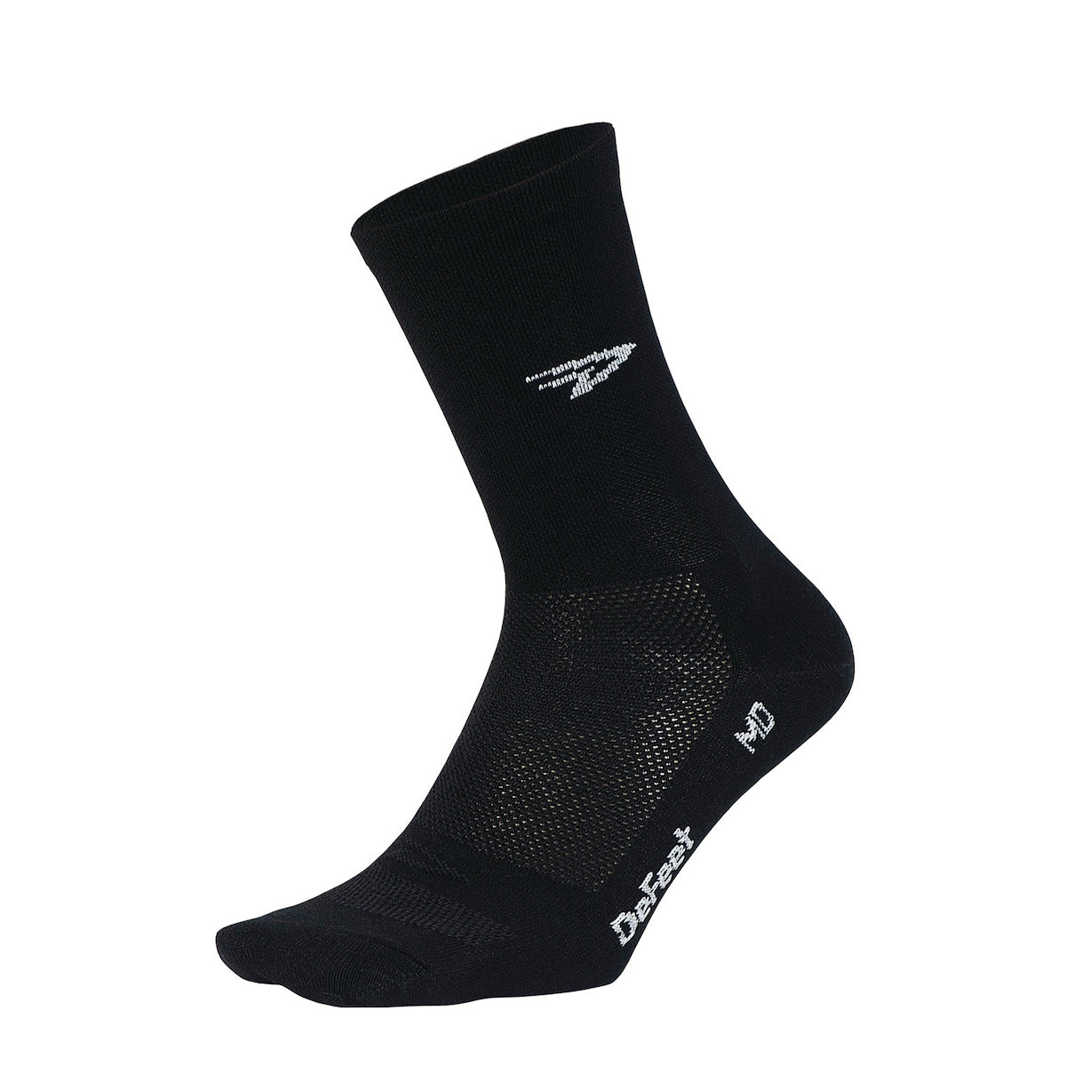 Black DeFeet Aireator cycling sock with a 5" cuff and a white D-logo on the side of the cuff