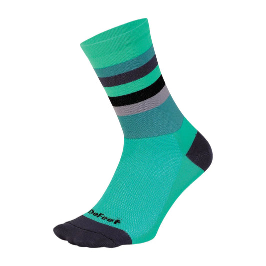 DeFeet Aireator 6" Maverick in celeste green with a graphite grey heel and toe and teal green, graphite grey, black, and white stripes.