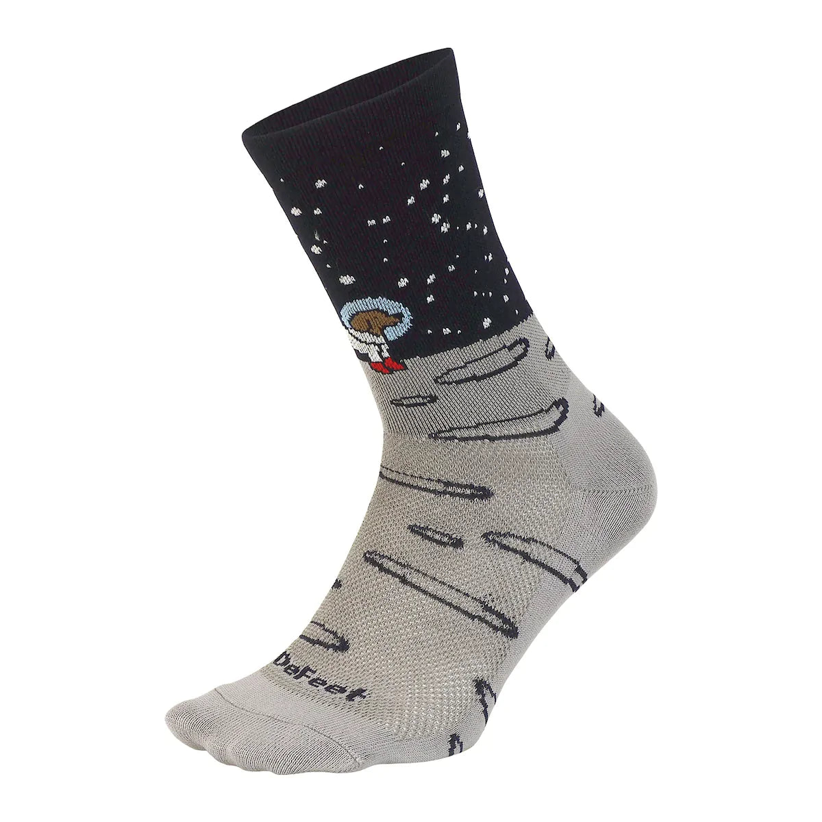 DeFeet Aireator 6" Moon Doggo cycling sock in navy and gray with astronaut dog in space on the cuff.