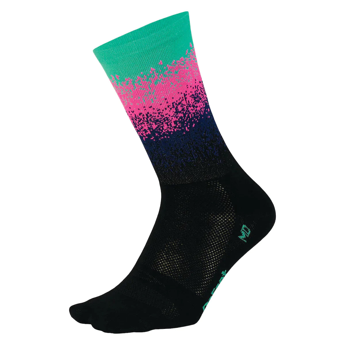 DeFeet Aireator Barnstormer Ombre cycling sock featuring a 6" cuff and a design of bands of color fading from black to pink to green.