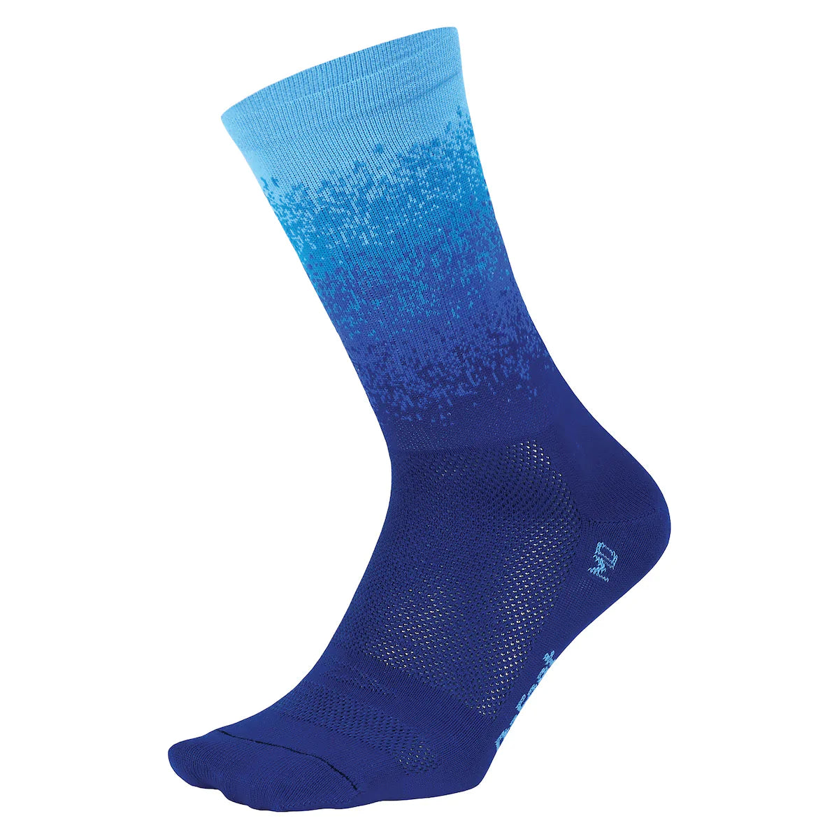 DeFeet Aireator Barnstormer Ombre cycling sock featuring a 6" cuff and a design of several bands of shades of blue fading into each other.