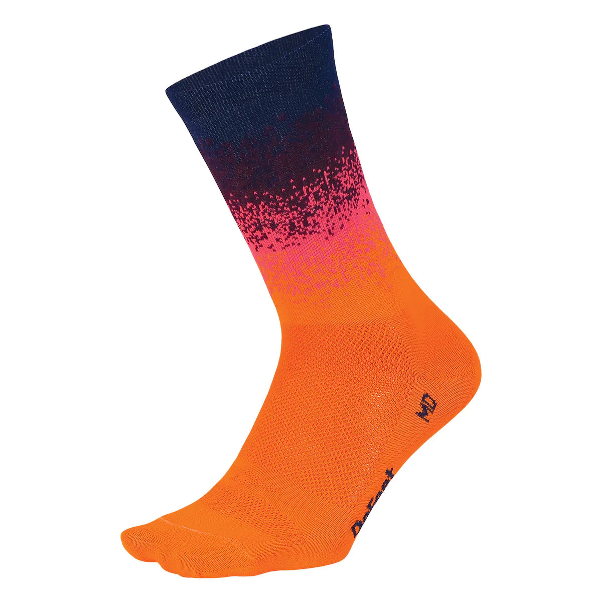 DeFeet Aireator Barnstormer Ombre cycling sock featuring a 6" cuff and a design of bands of color fading from navy blue to pink to orange.