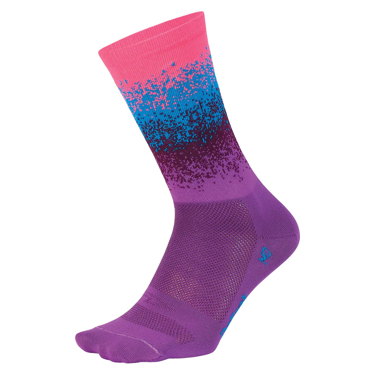 DeFeet Aireator Barnstormer Ombre cycling sock featuring a 6" cuff and a design of several bands of shades of bright pink fading into blue and purple..