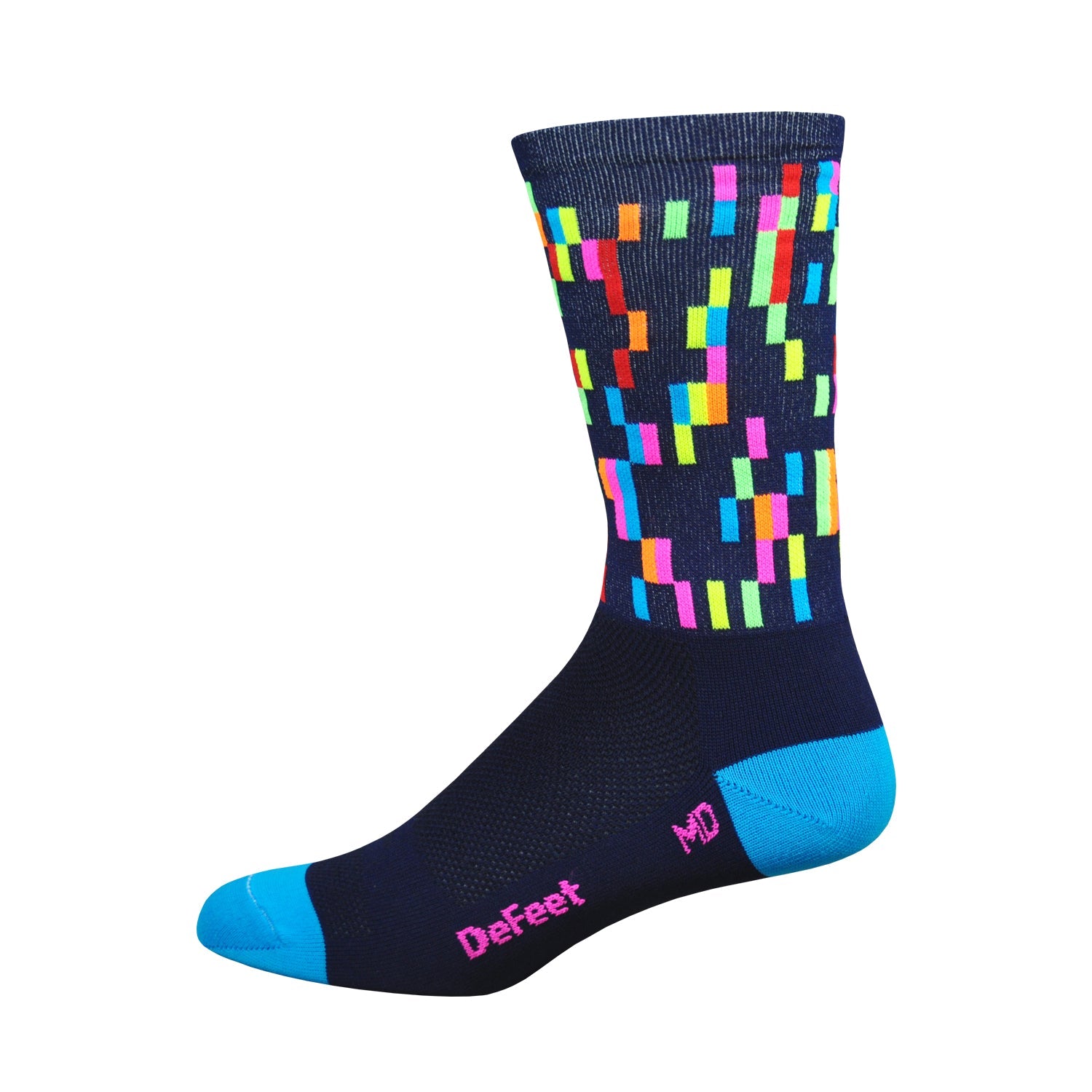 Aireator cycling sock in navy with brightly colored pixel squares around the cuff