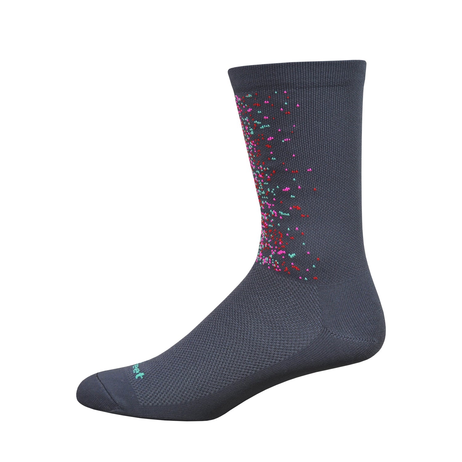 dark grey cycling sock with colored splatter on the front of the cuff