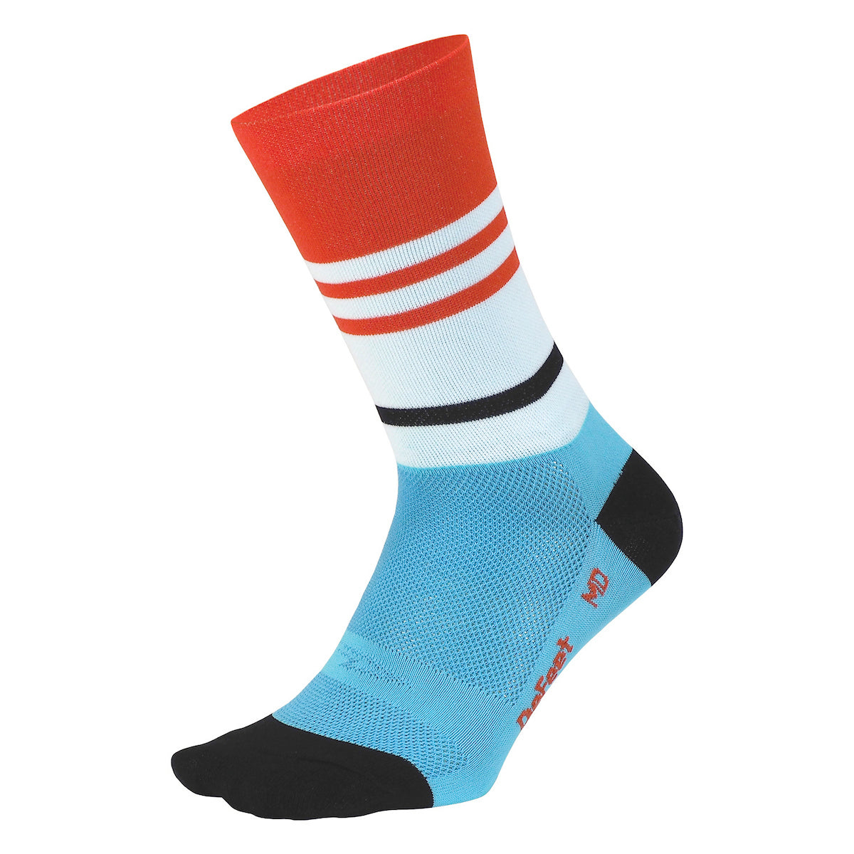 cycling sock with light blue foot and cuff with wide red band and white and black stripes