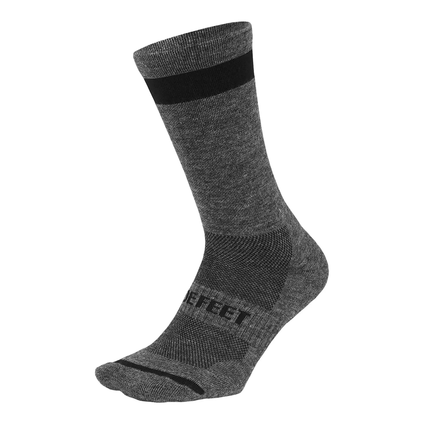 DeFeet Cush wool cycling sock in grey with a wide black cuff stripe