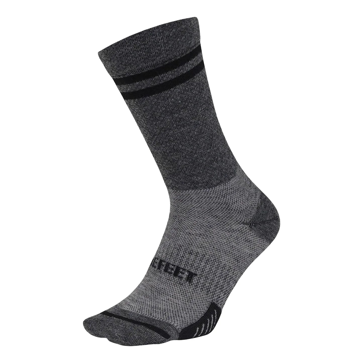 merino wool blend DeFeet cycling sock in dark grey with a double black stripe on the cuff