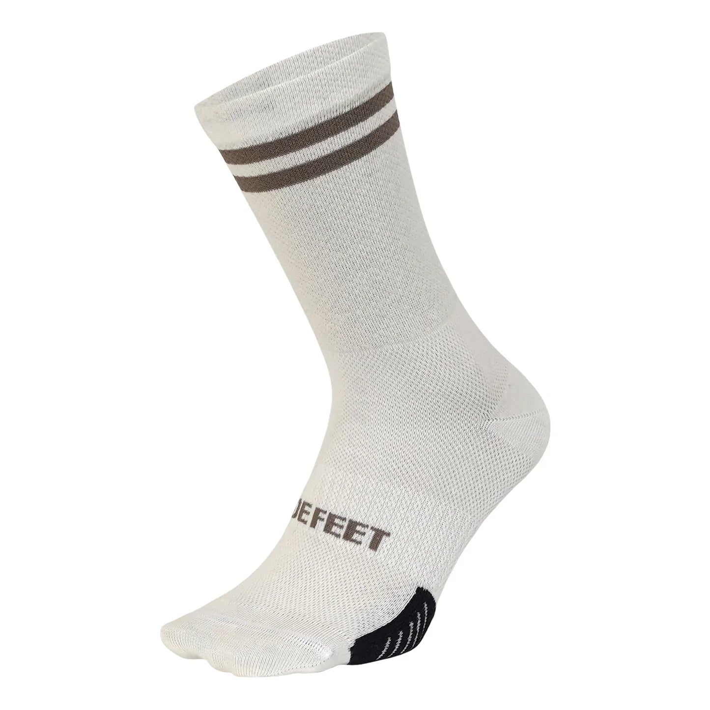merino wool blend DeFeet cycling sock in natural/white with a double brown stripe on the cuff