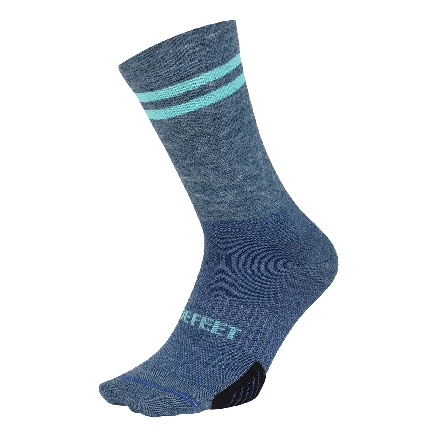 merino wool blend DeFeet cycling sock in blue with a double teal stripe on the cuff