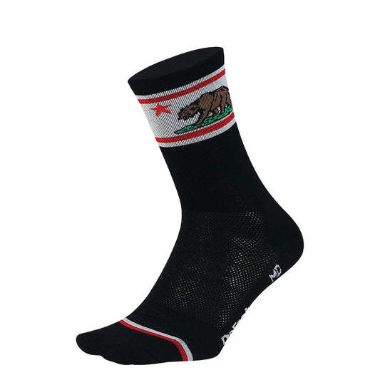DeFeet Aireator 6” California Bear cycling sock on a black base with a white on the cuff with red stripe and star and bear.