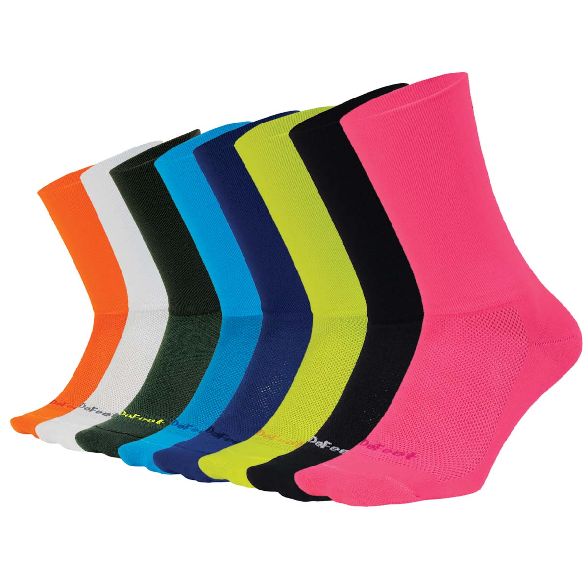 8 DeFeet Aireator 6" D-Logo solid color cycling socks with 6" double cuffs in 8 colors: orange, white, forest green, bright blue, navy, neon yellow, black, and hi-vis pink.