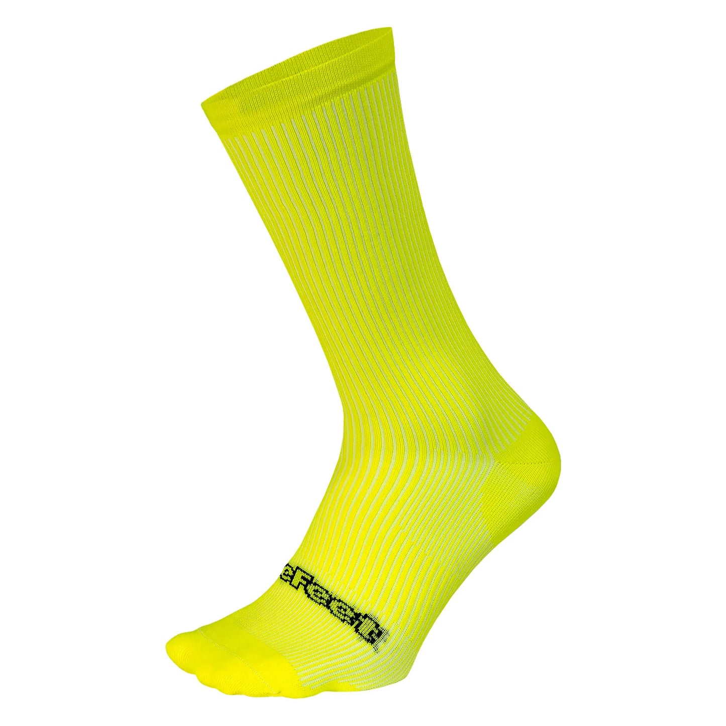 A single hi-vis yellow DeFeet cycling sock with a ribbed cuff and foot