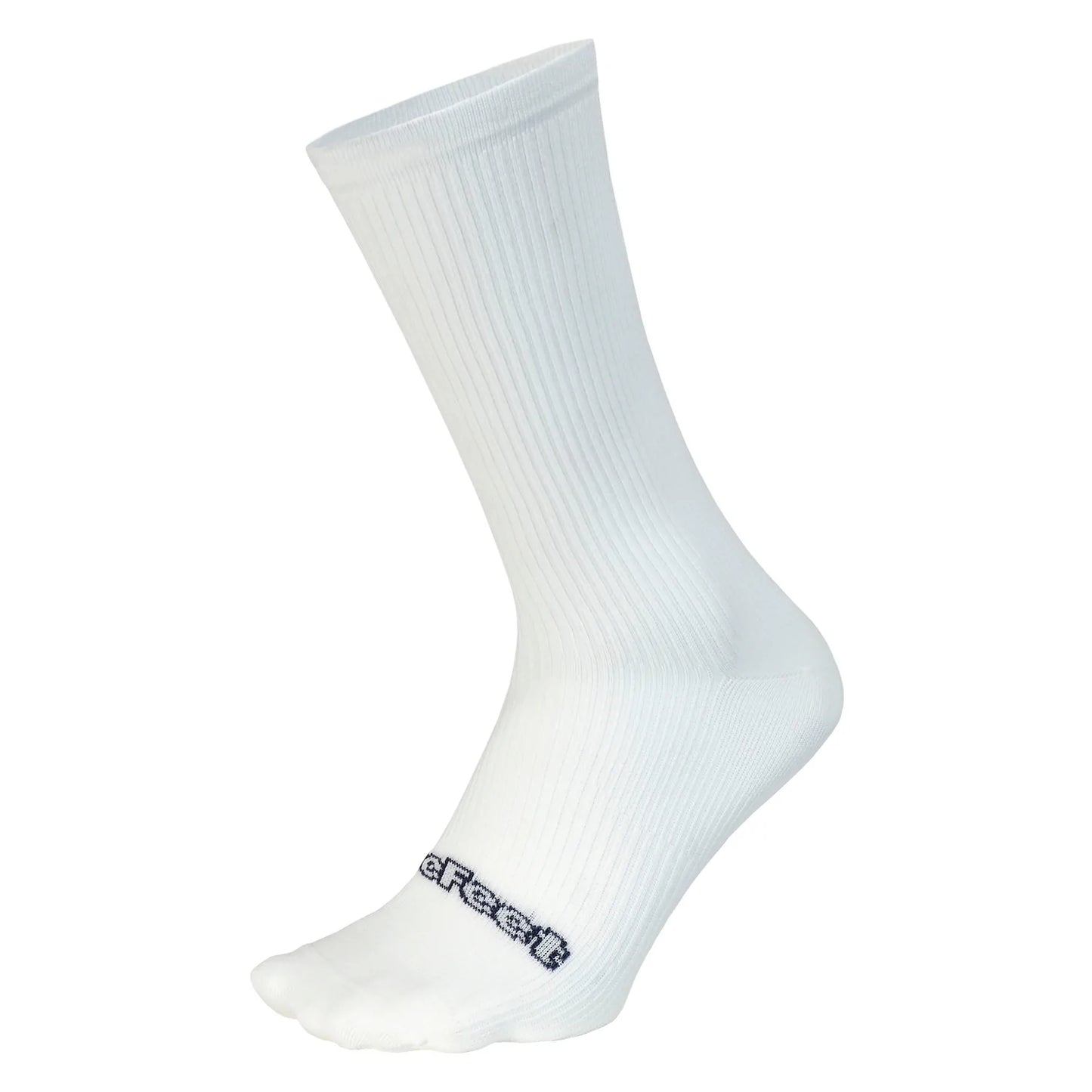A single white DeFeet cycling sock with a ribbed cuff and foot
