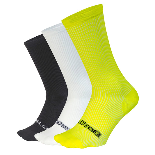 3 DeFeet cycling socks in black, white, and yellow with a ribbed cuff and foot