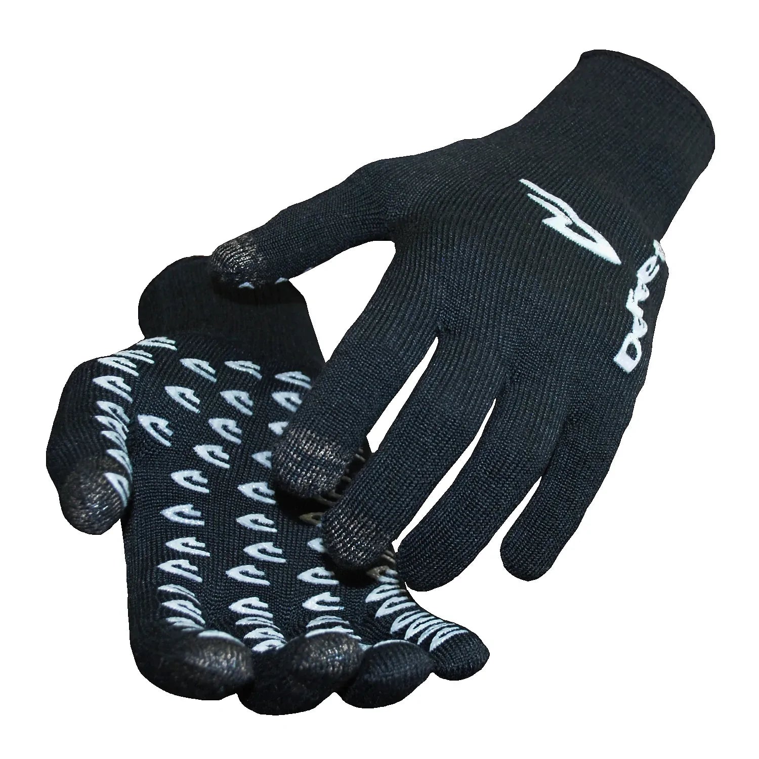 black knitted cycling gloves with white D-logo grippies on palm