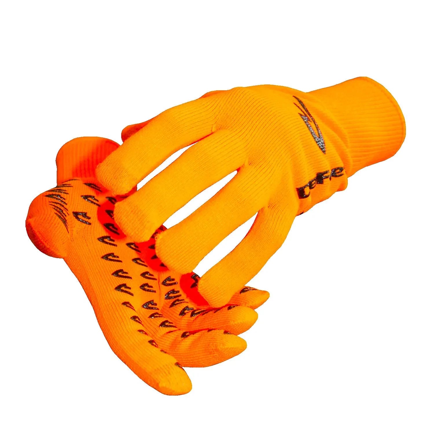 orange knitted cycling gloves with black D-logo grippies on palm