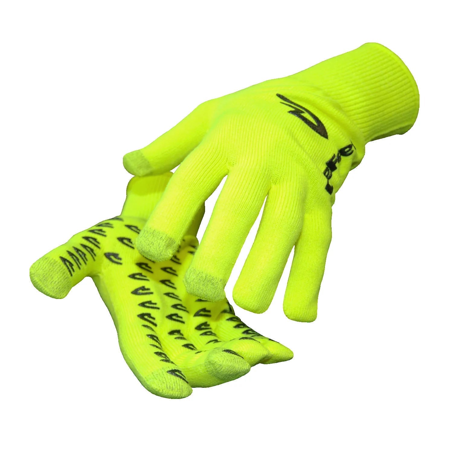 yellow knitted cycling gloves with black D-logo grippies on palm