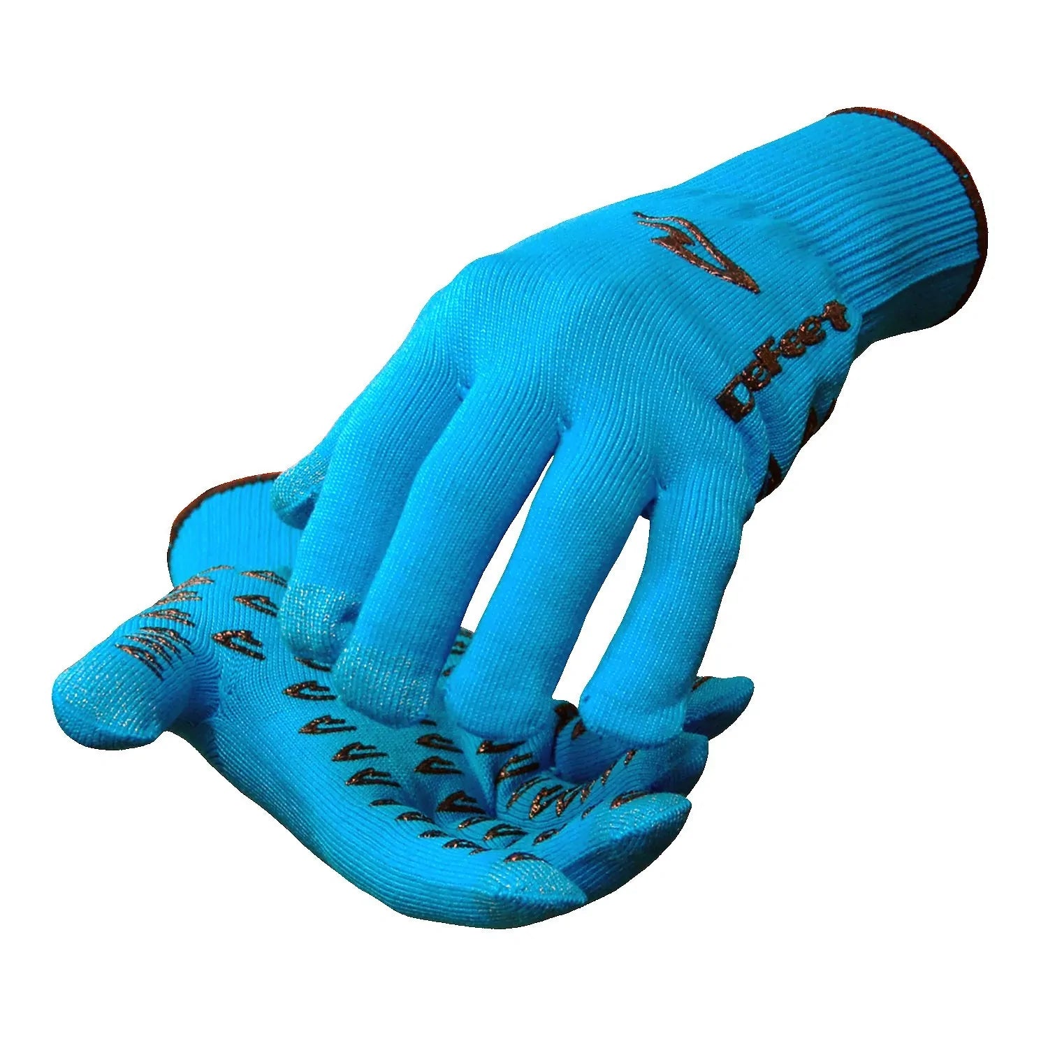 blue knitted cycling gloves with black D-logo grippies on palm