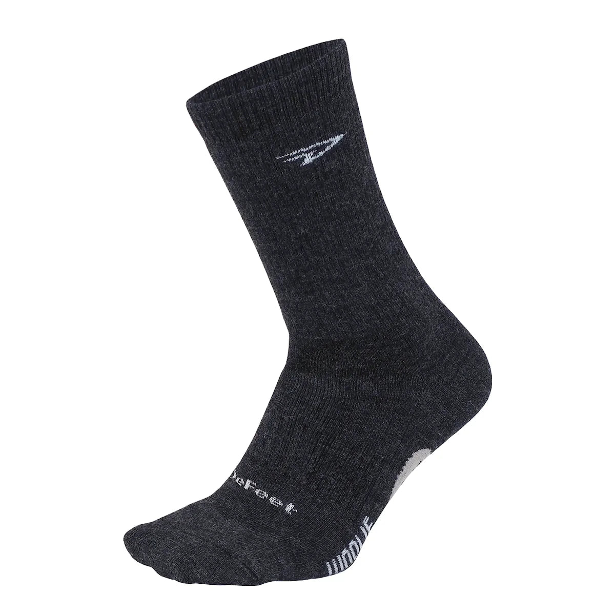 dark charcoal black 6" Merino wool Woolie Boolie cycling sock with a white cuff d-logo