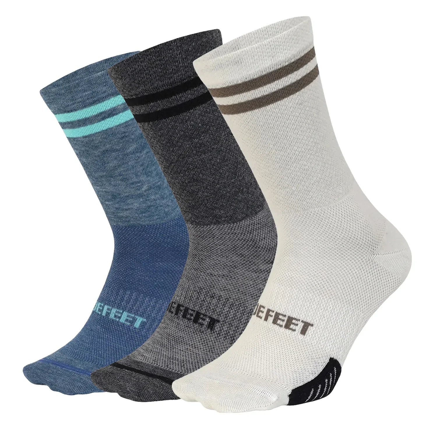 3 DeFeet Cyclismo cycling socks in blue, grey, and white with tonal double stripes on the cuff