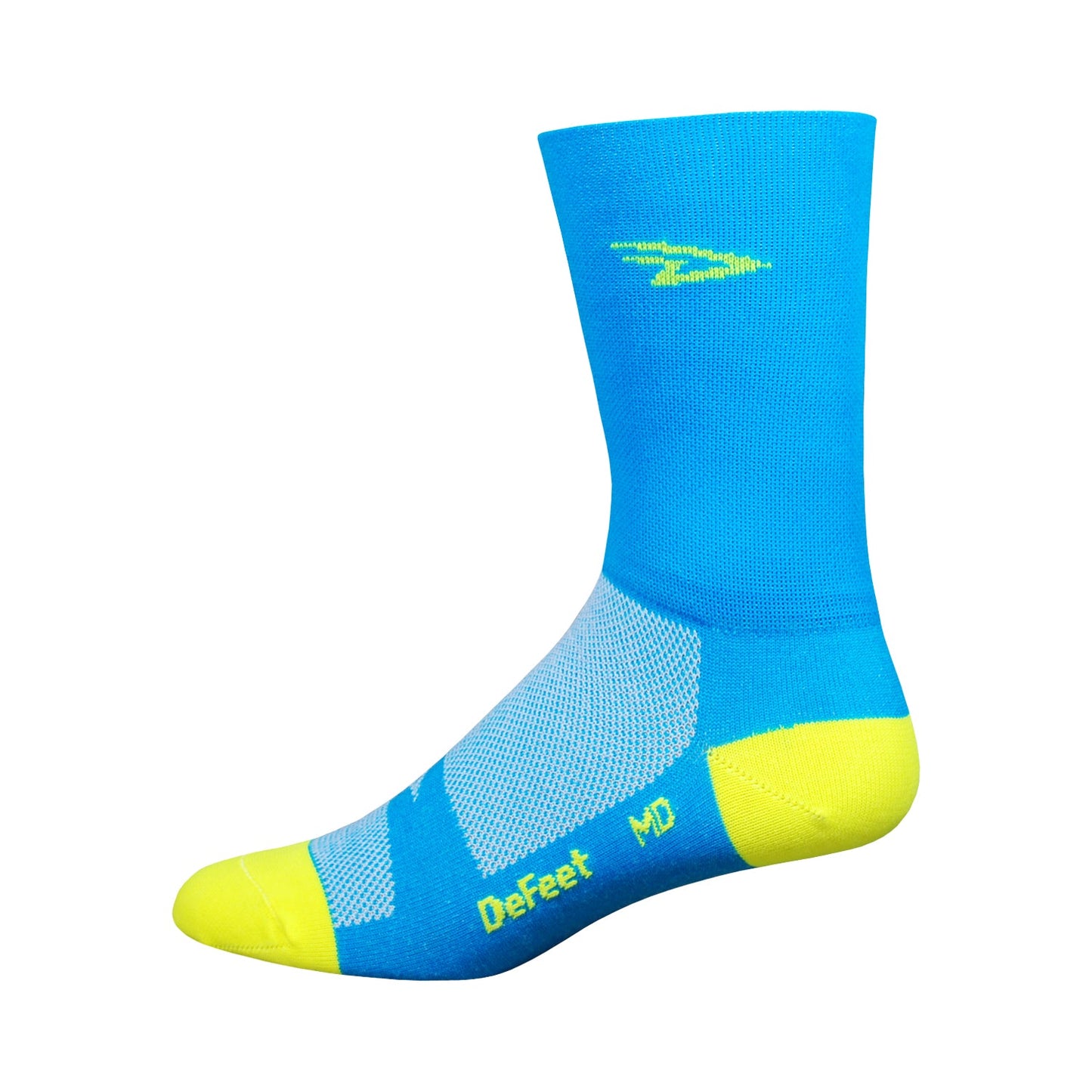blue hi-vis cycling sock with yellow heel and toe
