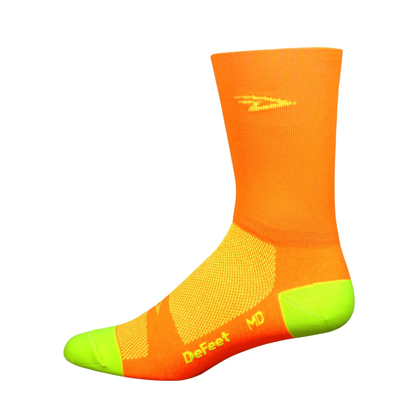 orange hi-vis cycling sock with yellow heel and toe