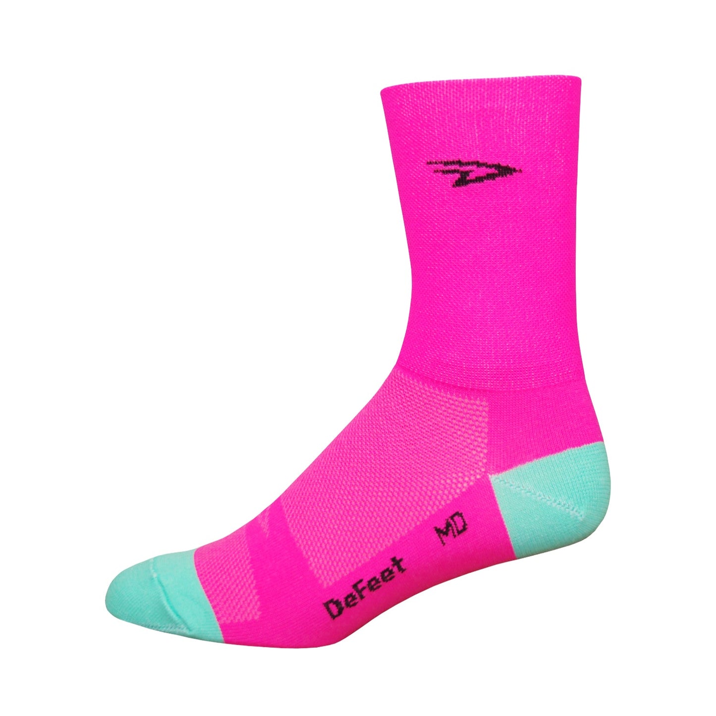 pink hi-vis cycling sock with pale green heel and toe