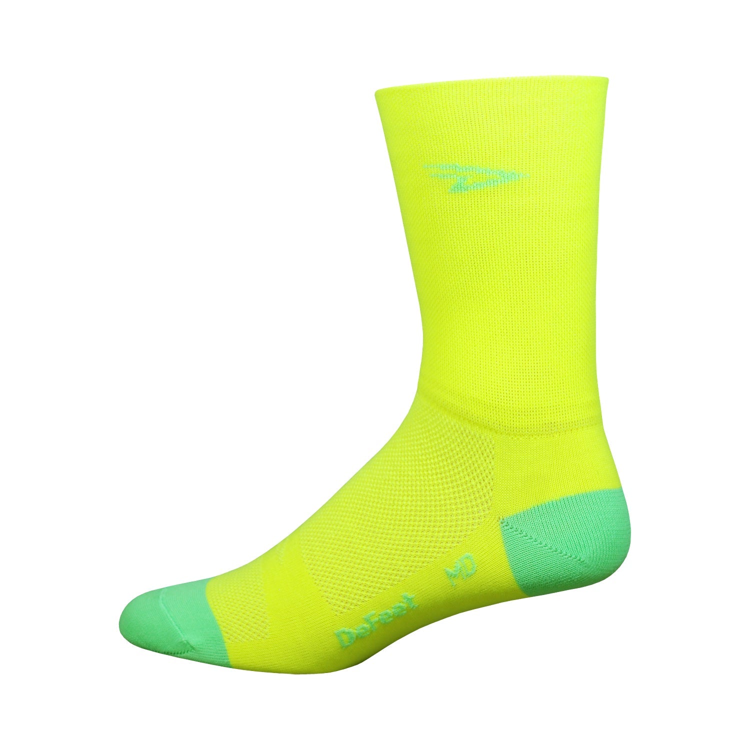 yellow hi-vis cycling sock with green heel and toe