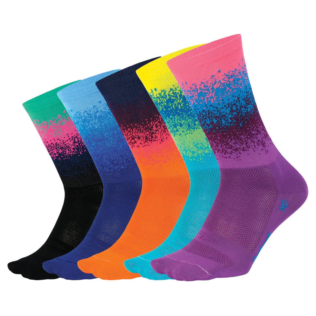 5 DeFeet Aireator Barnstormer Ombre cycling socks features a 6" cuff and a design of several different bands of color fading into each other.