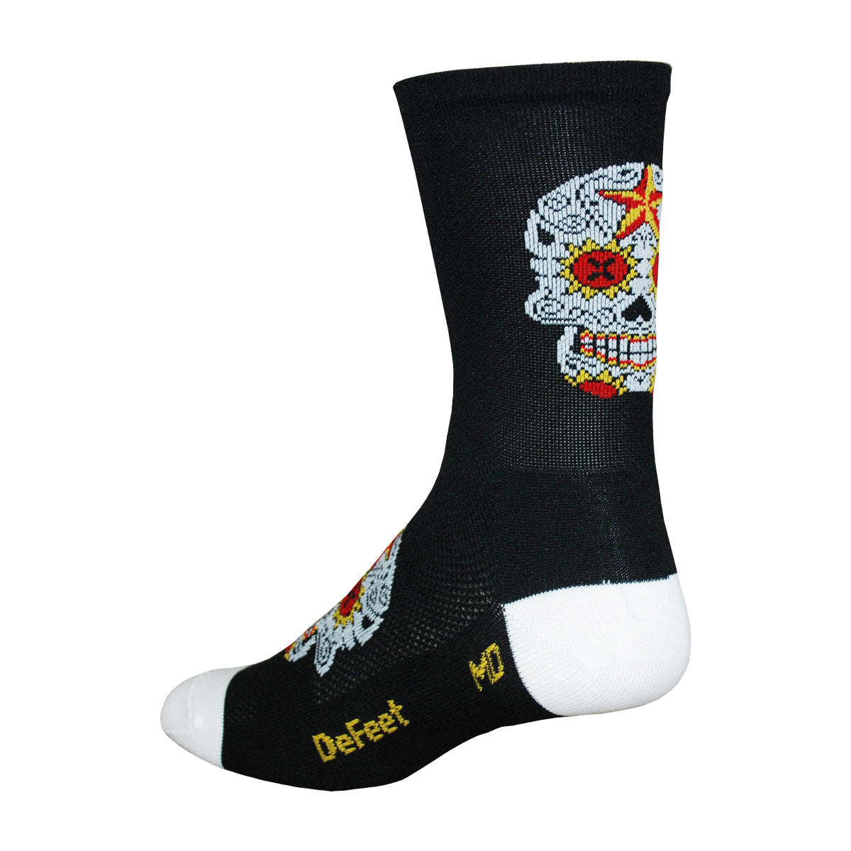 black cycling sock with white heel and toe and white and red sugar skull on the cuff and foot